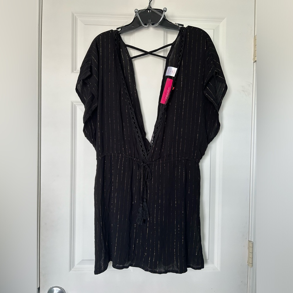 Xhilaration Black with Gold‎ Threading detail Deep Plunge Swim Cover Up